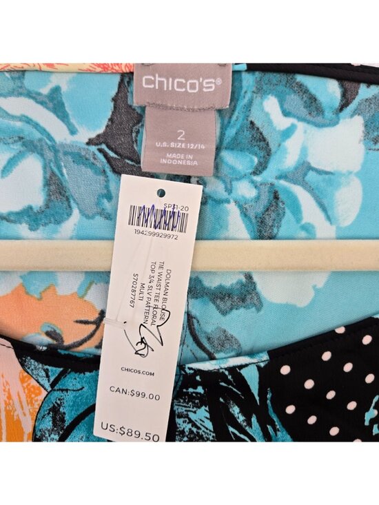 NWT Chico's Mixed Print Dolman Sleeve Tie Waist Blouse Size Chico's 2/Large - Picture 3 of 7
